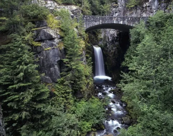 Framed Print : WA, Mt. Rainier NP, Christine Falls and stone bridge Framed Print : WA, Mt. Rainier NP, Christine Falls and stone bridge