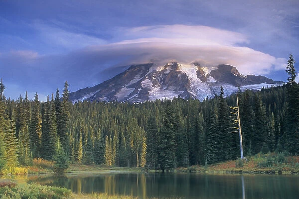 WA, Mt. Rainier NP, Mt. Rainier with lenticular cloud, at Reflection Lake