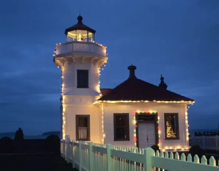 Framed Print : WA, Mukilteo, Mukilteo Lighthouse, established 1906, with holiday lights