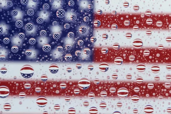 Framed Print : WA, Redmond, American flag; reflected in water drops Framed Print : WA, Redmond, American flag; reflected in water drops