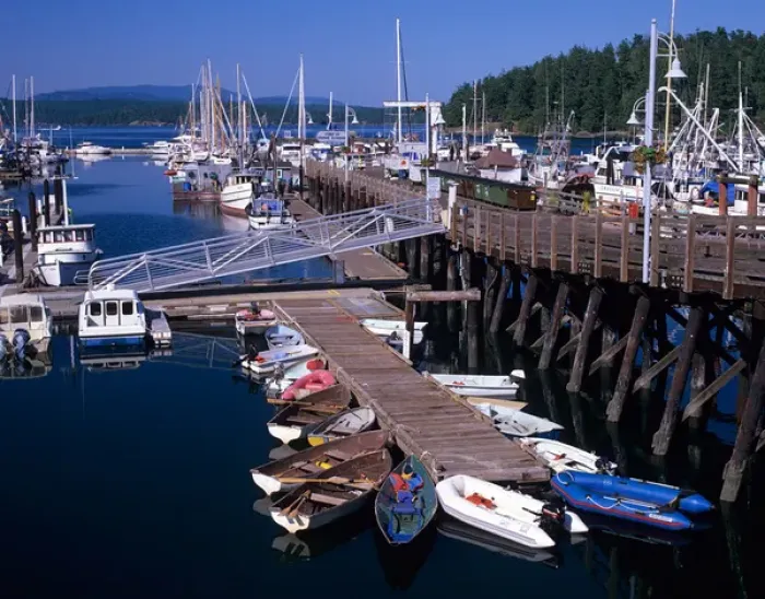 Framed Print : WA, San Juan Island, Friday Harbor Marina with boats and ferry