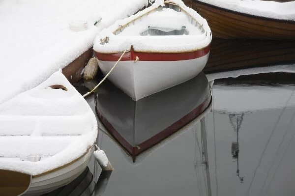 WA, Seattle, Center for Wooden Boats, Lake Union, with fresh snow