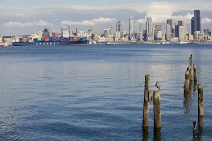 Framed Print : WA, Seattle, Container ship on Elliott Bay, with the Seattle skyline Framed Print : WA, Seattle, Container ship on Elliott Bay, with the Seattle skyline