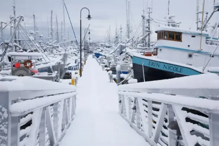Framed Print : WA, Seattle, Fishermens Terminal, Fishing boats with snow