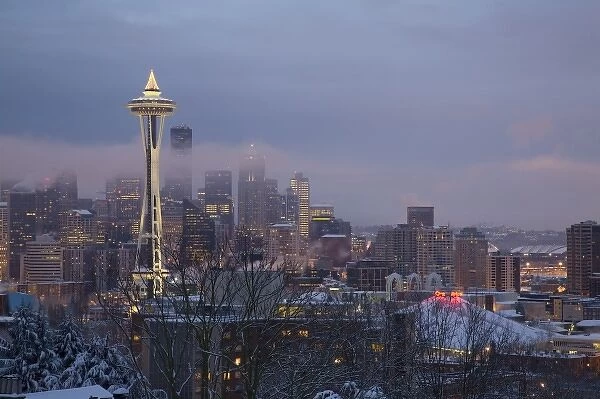WA, Seattle, Kerry Park, view of the Space Needle, with fresh snow