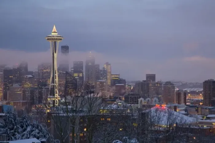 Framed Print : WA, Seattle, Kerry Park, view of the Space Needle, with fresh snow Framed Print : WA, Seattle, Kerry Park, view of the Space Needle, with fresh snow
