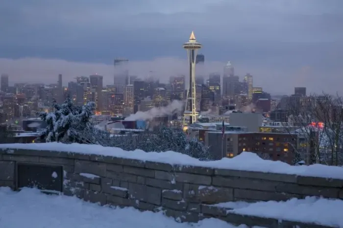 Framed Print : WA, Seattle, Kerry Park, view of the Space Needle, with fresh snow Framed Print : WA, Seattle, Kerry Park, view of the Space Needle, with fresh snow