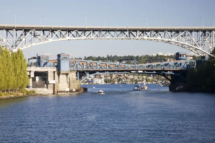 Framed Print : WA, Seattle, Lake Union with Interstate 5 and Lake Washington Ship Canal Bridge