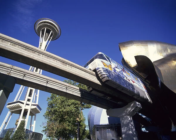 WA, Seattle, Monorail with the Experience Music Project and Space Needle