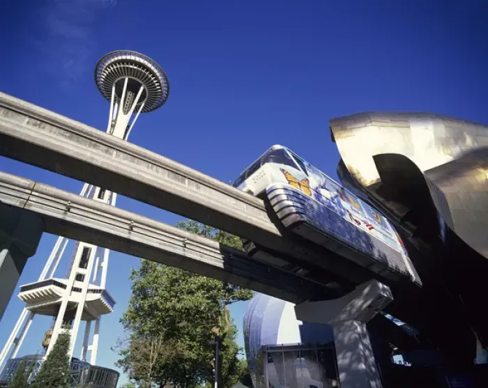 Framed Print : WA, Seattle, Monorail with the Experience Music Project and Space Needle Framed Print : WA, Seattle, Monorail with the Experience Music Project and Space Needle