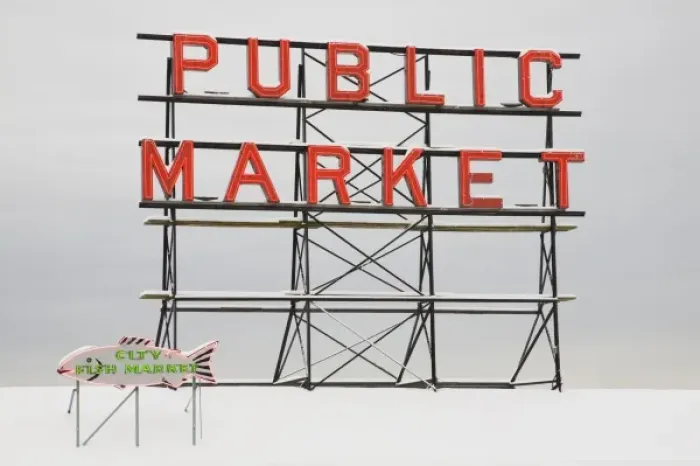 Framed Print : WA, Seattle, Pike Place Market, Public Market sign, a snowy day at the market