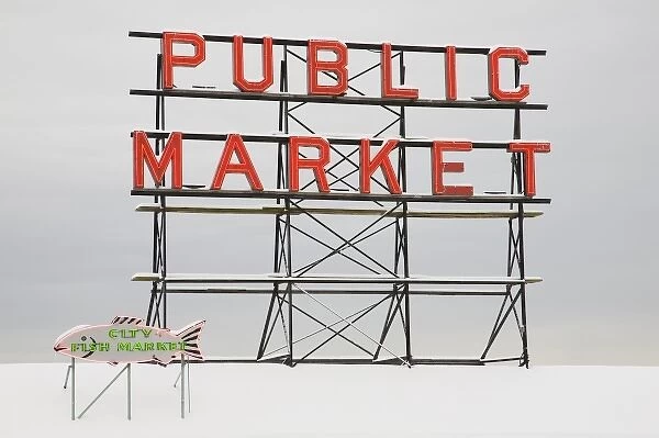 WA, Seattle, Pike Place Market, Public Market sign, a snowy day at the market