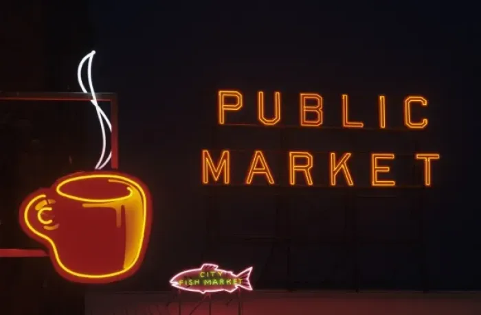 Framed Print : WA, Seattle, Public Market sign with neon coffee mug at Pike Place Market