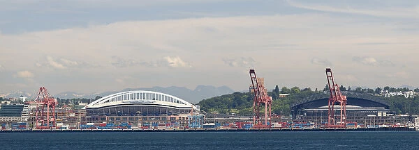 WA, Seattle, Quest Field and Safeco Field, view across Ellliott Bay, from West Seattle