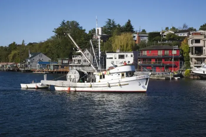 Framed Print : WA, Seattle, Salmon Bay; Waterfront homes and fishing boat Framed Print : WA, Seattle, Salmon Bay; Waterfront homes and fishing boat