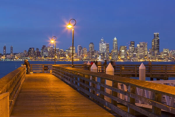 WA, Seattle, Seacrest Park fishing pier, with skyline view over Elliott Bay from West Seattle