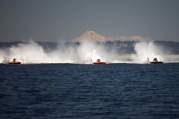 WA, Seattle, Seafair Hydroplane Races on Lake Washington, Mt. Baker in background