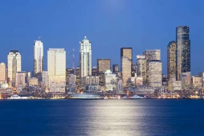 Framed Print : WA, Seattle, Seattle skyline and Elliott Bay, view from Alki