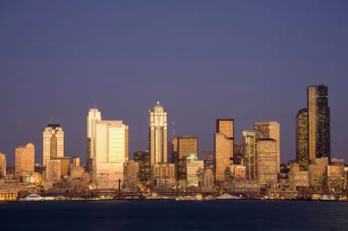 Framed Print : WA, Seattle, Seattle skyline and Elliott Bay, view from Alki Framed Print : WA, Seattle, Seattle skyline and Elliott Bay, view from Alki