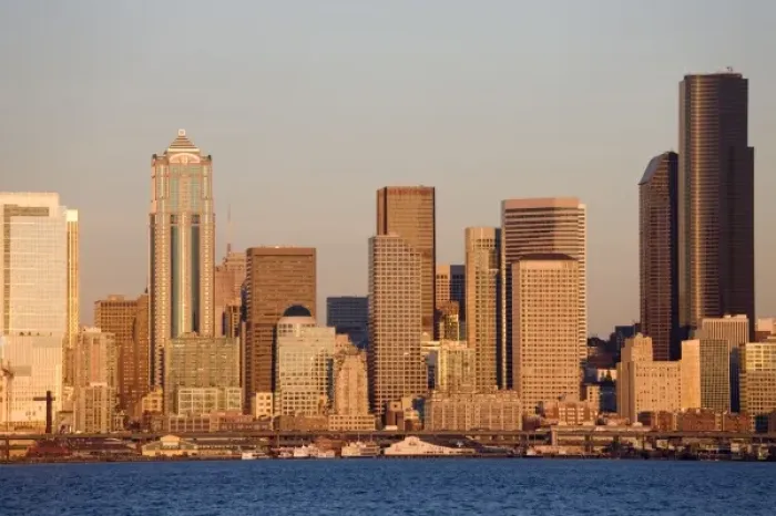 Framed Print : WA, Seattle, Seattle skyline and Elliott Bay, view from Alki Framed Print : WA, Seattle, Seattle skyline and Elliott Bay, view from Alki