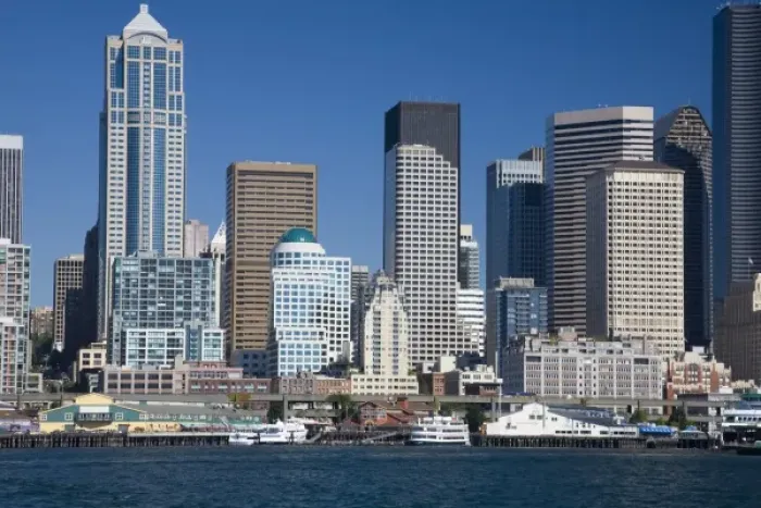 Framed Print : WA, Seattle, Seattle skyline from Elliott Bay
