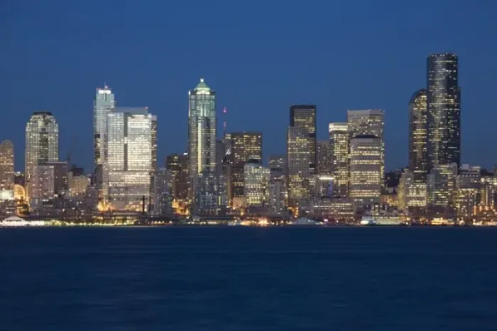 Framed Print : WA, Seattle, Seattle skyline and Elliott Bay, view from Alki Framed Print : WA, Seattle, Seattle skyline and Elliott Bay, view from Alki