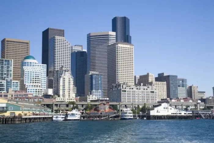 Framed Print : WA, Seattle, Seattle skyline from Elliott Bay