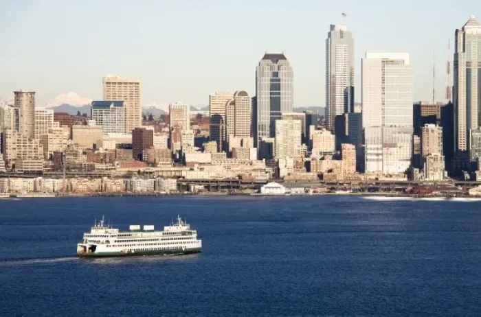 Framed Print : WA, Seattle, Seattle skyline and Elliott Bay with ferry boat, view from Hamilton Park Framed Print : WA, Seattle, Seattle skyline and Elliott Bay with ferry boat, view from Hamilton Park