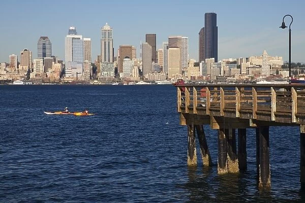 WA, Seattle, Seattle skyline and Elliott Bay with fishing pier