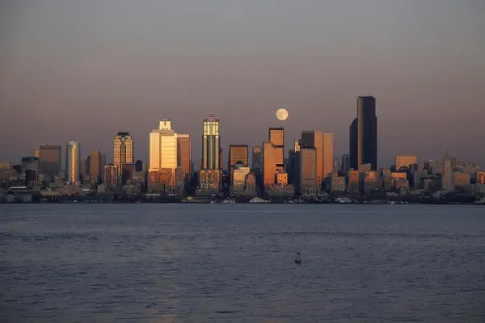 Framed Print : WA, Seattle, Seattle skyline and Elliott Bay with full moon rising Framed Print : WA, Seattle, Seattle skyline and Elliott Bay with full moon rising