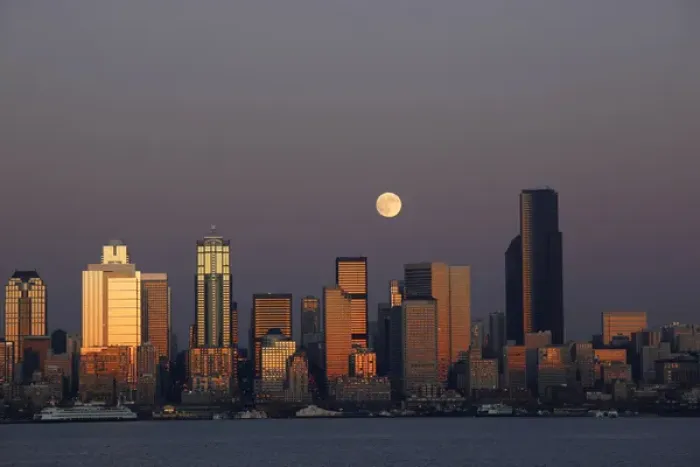 Framed Print : WA, Seattle, Seattle skyline and Elliott Bay with full moon rising