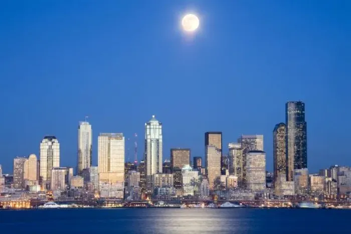 Framed Print : WA, Seattle, Seattle skyline and Elliott Bay with full moon rising, view from Alki Framed Print : WA, Seattle, Seattle skyline and Elliott Bay with full moon rising, view from Alki