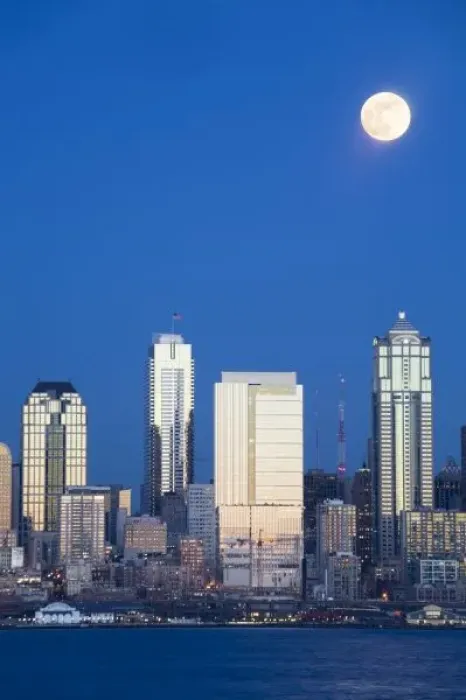 Framed Print : WA, Seattle, Seattle skyline and Elliott Bay with full moon rising, view from Alki Framed Print : WA, Seattle, Seattle skyline and Elliott Bay with full moon rising, view from Alki