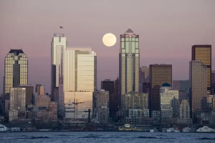 Framed Print : WA, Seattle, Seattle skyline and Elliott Bay with full moon rising, view from Alki Framed Print : WA, Seattle, Seattle skyline and Elliott Bay with full moon rising, view from Alki