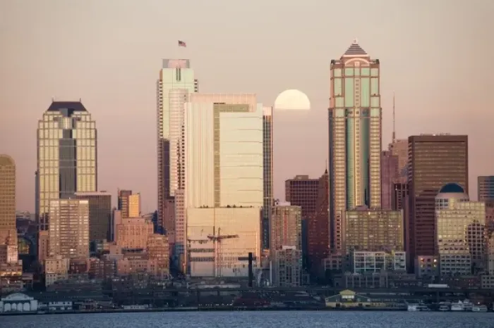 Framed Print : WA, Seattle, Seattle skyline and Elliott Bay with full moon rising, view from Alki Framed Print : WA, Seattle, Seattle skyline and Elliott Bay with full moon rising, view from Alki