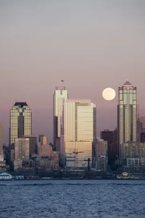 Framed Print : WA, Seattle, Seattle skyline and Elliott Bay with full moon rising, view from Alki Framed Print : WA, Seattle, Seattle skyline and Elliott Bay with full moon rising, view from Alki