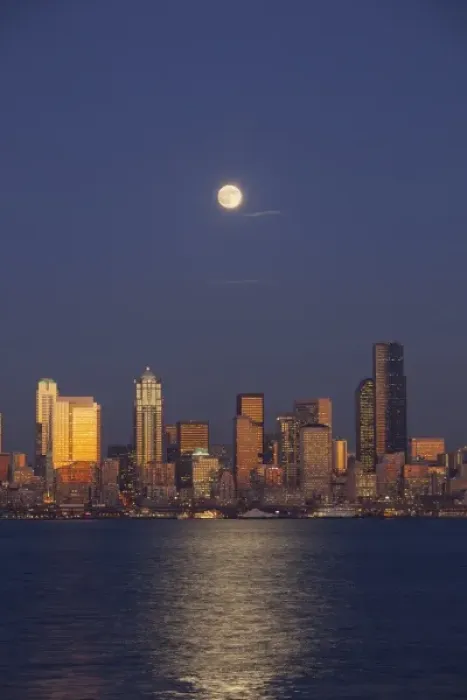 Framed Print : WA, Seattle, Seattle skyline and Elliott Bay from West Seattle, full moon rising