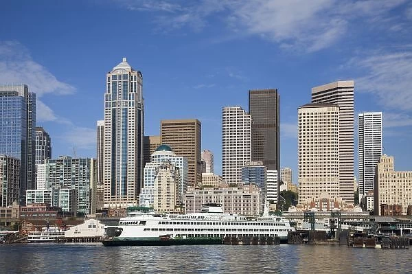 WA, Seattle, Seattle skyline with ferry boat from Elliott Bay