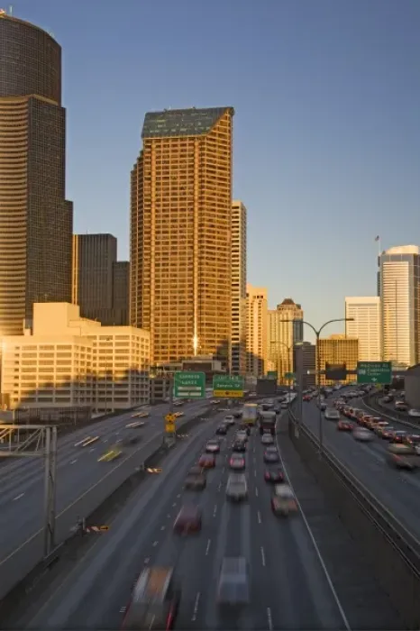 Framed Print : WA, Seattle, Seattle skyline and Interstate 5 from Yesler Way overpass Framed Print : WA, Seattle, Seattle skyline and Interstate 5 from Yesler Way overpass