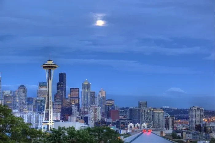 Framed Print : WA, Seattle, Seattle skyline with moon rising from Kerry Park Framed Print : WA, Seattle, Seattle skyline with moon rising from Kerry Park
