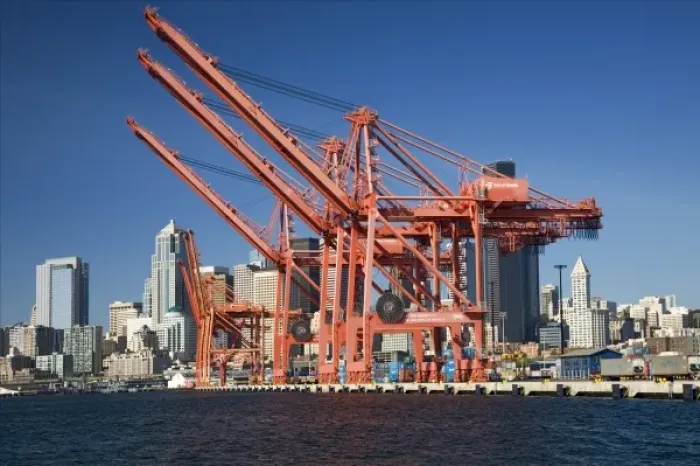 Framed Print : WA, Seattle, Seattle skyline with shipping cranes from Elliott Bay Framed Print : WA, Seattle, Seattle skyline with shipping cranes from Elliott Bay