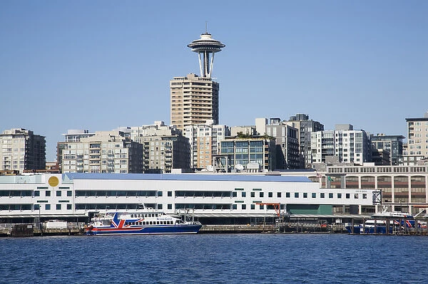 WA, Seattle, Seattle skyline and Victoria Clipper ship from Elliott Bay