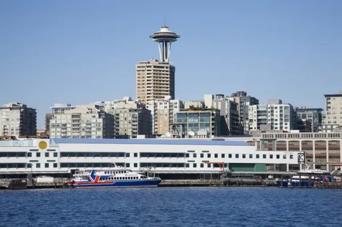 Framed Print : WA, Seattle, Seattle skyline and Victoria Clipper ship from Elliott Bay Framed Print : WA, Seattle, Seattle skyline and Victoria Clipper ship from Elliott Bay