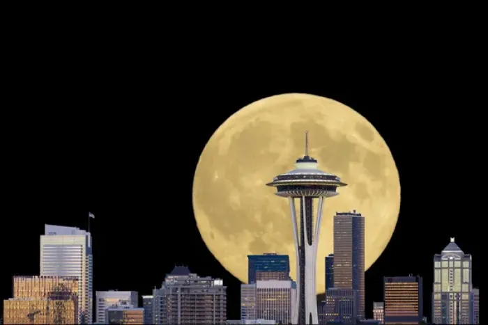 Framed Print : WA, Seattle, skyline view from Kerry Park, with full moon (2015) Composite image