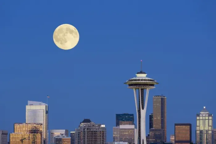 Framed Print : WA, Seattle, skyline view from Kerry Park, with full moon (2015) Composite image Framed Print : WA, Seattle, skyline view from Kerry Park, with full moon (2015) Composite image