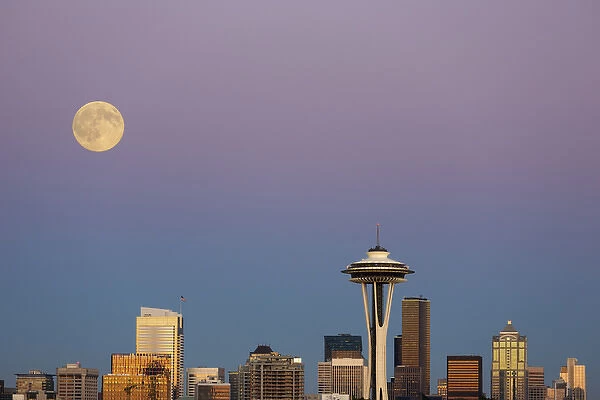 WA, Seattle, skyline view from Kerry Park, with full moon (2015) Composite image