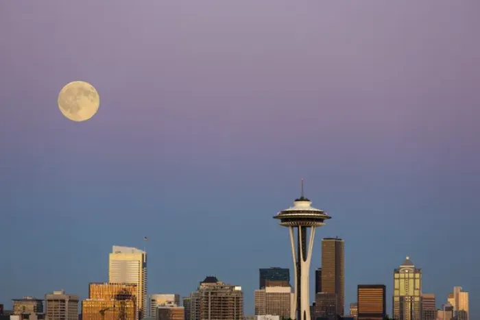 Framed Print : WA, Seattle, skyline view from Kerry Park, with full moon (2015) Composite image Framed Print : WA, Seattle, skyline view from Kerry Park, with full moon (2015) Composite image
