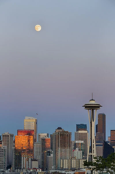 WA, Seattle, skyline view from Kerry Park, with full moon (2015)