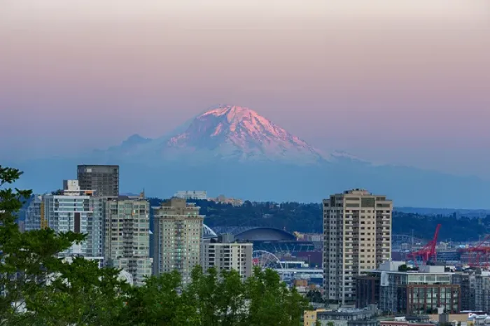 Framed Print : WA, Seattle, skyline view with Mount Rainier (2015)