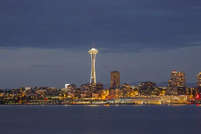 Framed Print : WA, Seattle, Space Needle and Elliott Bay from West Seattle (2015)
